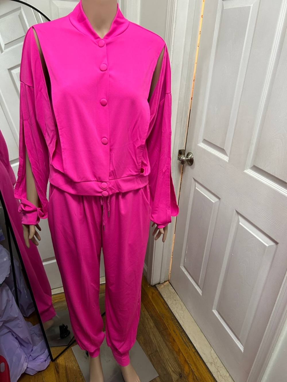 Vibrant Hot Pink Button-Front 2pc pants set with Side Slit Sleeves - Picture 6 of 6